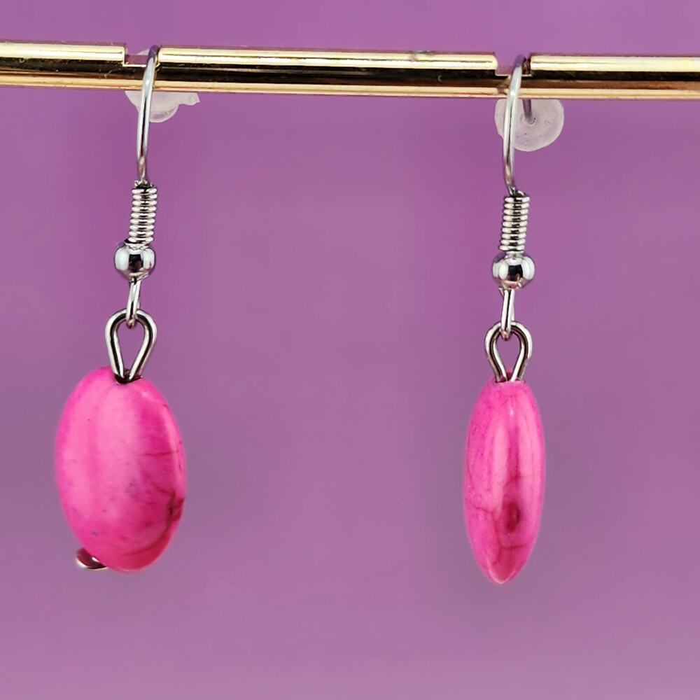 Hot Pink Oval Bead Silver Tone Dangle Earrings Boho Bright Color Pop